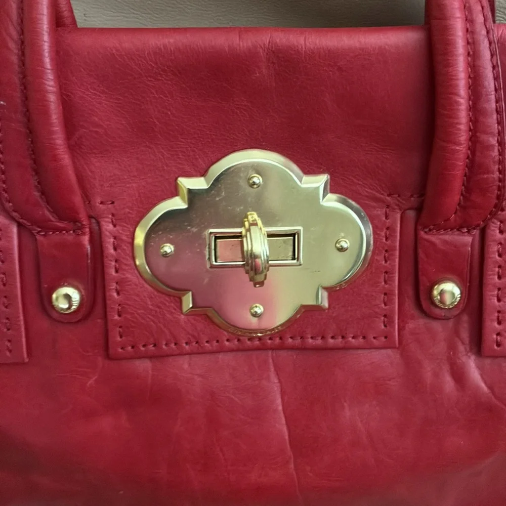 Red Leather Top-Handle Satchel with Gold Turn-Lock